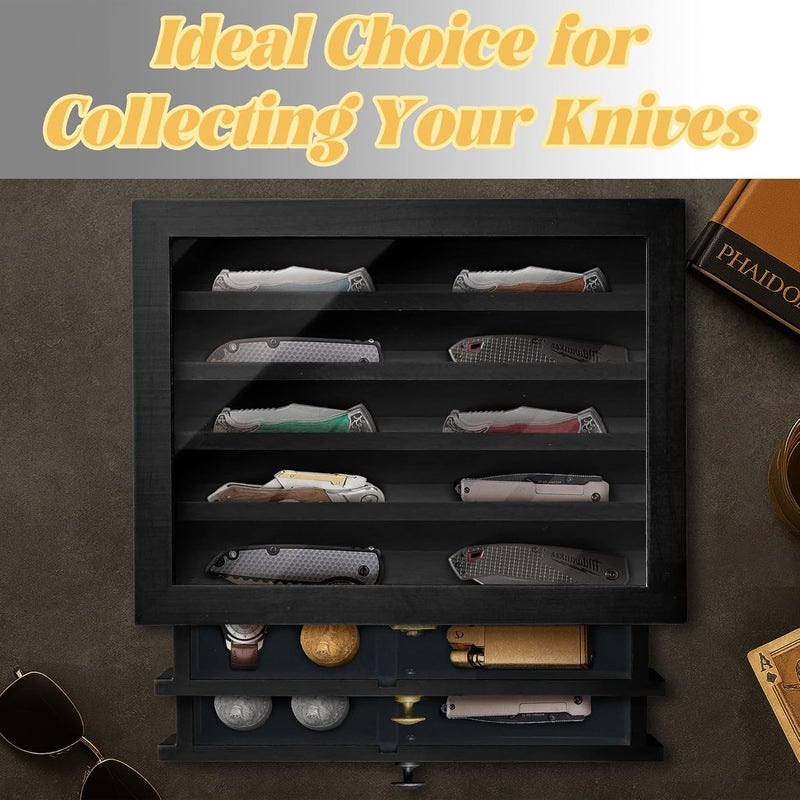 montex Knife Display Case,3 Layer Pocket Knife Display Case Wood, Knife Collection Display Case with Drawers, Pocket Knife Organizer for Gifts, Black - Image 3